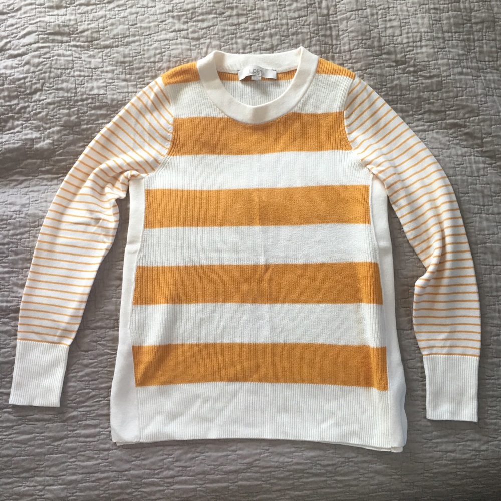 Loft White + Mustard Striped Sweater